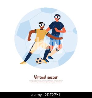 Adolescenti allegri in abbigliamento sportivo e occhiali vr, bambini che giocano a calcio virtuale, banner di sport digitale. Videogioco, concetto di intrattenimento futuristico c Illustrazione Vettoriale