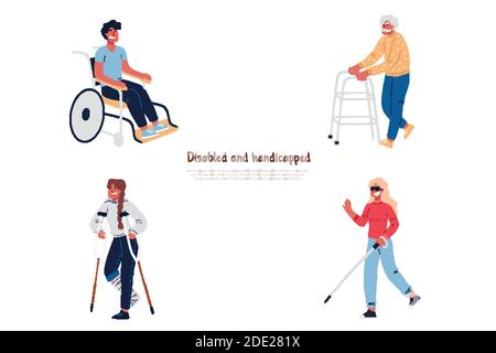 Persone disabili e disabili in sedia a rotelle, con stampelle, uomo anziano con camminatore, cecità, striscione per la visione povera. Riabilitazione post traumatica co Illustrazione Vettoriale