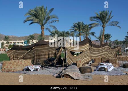 Tenda beduina penisola del Sinai, Egitto con palme e montagne Foto Stock