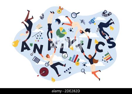 Esperti di analisi, economisti, analisti che fanno una presentazione KPI, che rappresenta le informazioni in grafici, banner diagrammi. Gestione dati e visualizzazione Illustrazione Vettoriale