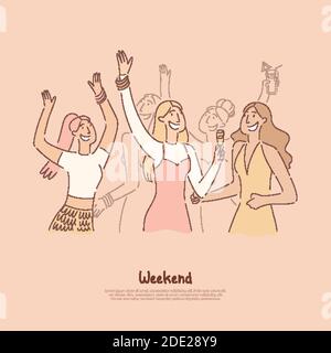 Ragazze che hanno partito in club, bere cocktail alcolici, girlfriends che ballano insieme al nightclub, banner divertente di attività notturna. Attività carto nel fine settimana Illustrazione Vettoriale