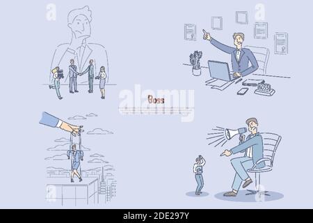 Uomo che pensa ai suoi dipendenti, manager arrabbiato seduto in ufficio, donna d'affari controllata a mano, superiore gridando al banner lavoratore. MAD boss cart Illustrazione Vettoriale