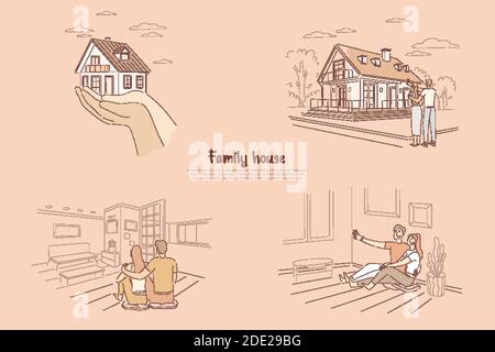 Due mani che tengono la metafora della casa, giovane coppia che guarda la casa futura, sposi nuovi seduti in casa insieme banner. Famiglia sogno casa cartone animato concetto Illustrazione Vettoriale