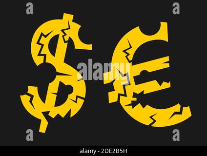 Simbolo di Euro e Dollaro USA con crepe e buchi – crollo economico e rottura della moneta dell’Unione europea E United state of America - rec Foto Stock