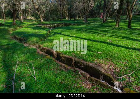 Irrgation systen in tempi antichi, rovine della missione gesuita Santa Ana, Patrimonio Mondiale dell'UNESCO, Provincia Misiones, Argentina, America Latina Foto Stock