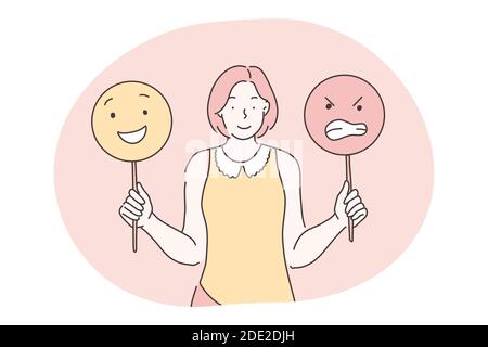 Emozioni, emoji, concetto di espressioni facciali diverse. Giovane donna sorridente personaggio cartoon in piedi e tenendo segni con positivo e aggressivo e Illustrazione Vettoriale