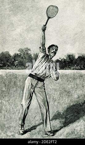 Questa illustrazione del 1897 di un giocatore di tennis da prato lo mostra colpendo quello che è noto come "smash". Uno smash nel tennis è un colpo che è colpito sopra la testa del hitter con un movimento di servire-come. È anche indicato come overhead. Foto Stock