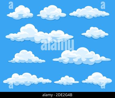 Semplice cartoni animati nuvole vettore raccolta isolata su cielo blu. Illustrazione Vettoriale