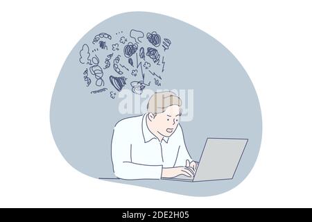 Ansia, fatica, concetto di business. Progetto scadenza depressione stress mentale frustrazione panico sovraccarico crisi illustrazione. Uomo d'affari frustrato m Illustrazione Vettoriale