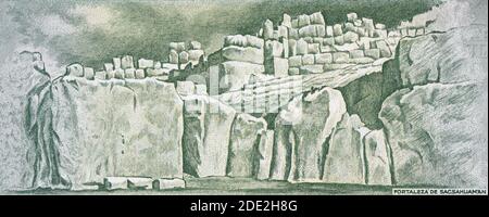 Cittadella di Saksaywaman su Perù 5 suole (1974) frammento di closeup di banconote, denaro peruviano primo piano. Foto Stock