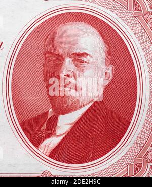 Ritratto di Vladimir Lenin sulla Russia 3 rouble (1937) closeup di banconote, rivoluzionario comunista russo, politico e teorista marxista. Foto Stock