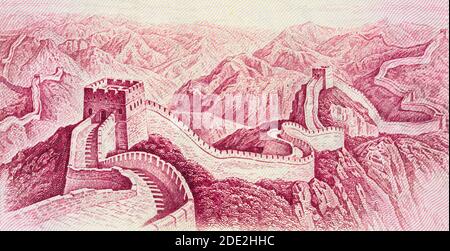 Grande muro della Cina su Cina 1 yuan (1980) banconote closeup. Primo piano di denaro cinese. Foto Stock