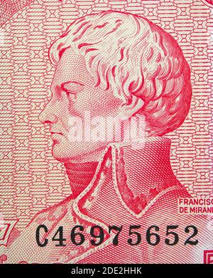 Francisco de Miranda (1750-1816) ritratto su Venezuela 5 bolivares (1989) banconota, venezuelano closeup di denaro. Foto Stock