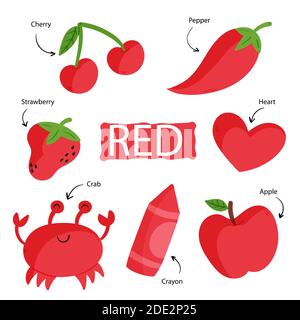 Colore rosso con il vocabolario impostato nell'illustrazione vettoriale in inglese Illustrazione Vettoriale