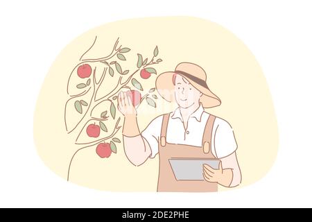 Agricoltura, agricoltura, raccolto concetto. Sorridente giovane agricoltore uomo in grembiule, guanti e cappello in piedi con documenti e toccando fresco rosso strip Illustrazione Vettoriale