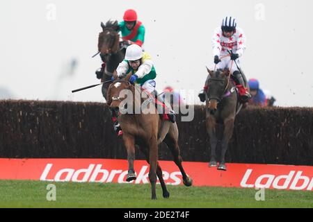 Cloth Cap guidato da Tom Scudamore libera l'ultimo a vincere il Ladbrokes Trophy Chase all'ippodromo di Newbury. Foto Stock