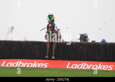 Cloth Cap guidato da Tom Scudamore libera l'ultimo a vincere il Ladbrokes Trophy Chase all'ippodromo di Newbury. Foto Stock