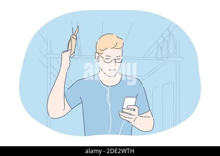 Comunicazione online nel concetto di trasporto. Ragazzo sorridente in metropolitana o in autobus con smartphone, chiacchierando, ascoltando musica o guardando film Illustrazione Vettoriale