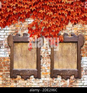 Avviso di legno scheda contro un muro di mattoni coperta di edera Foto Stock