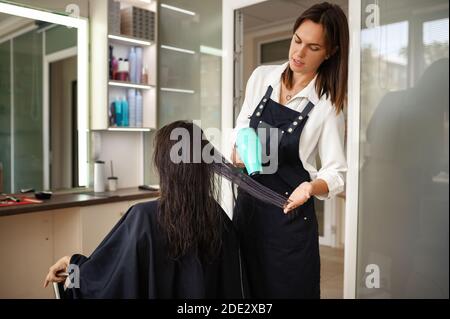 Parrucchiere pettina i capelli della donna, parrucchiere Foto Stock