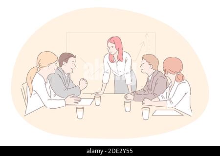 Meeting, lavoro di squadra, analisi, cooperazione, business concept. Team di uomini d'affari donne manager partner colleghi collaborare a discutere progetto in o Illustrazione Vettoriale