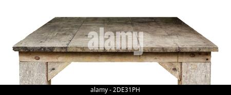 vuoto vecchio tavolo di legno isolato su sfondo bianco Foto Stock