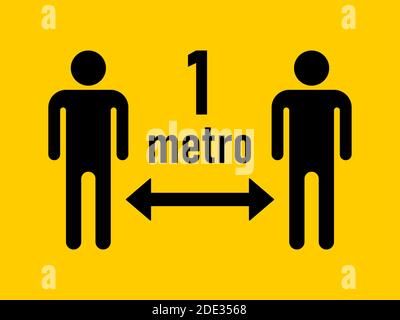 Mantenere la distanza 1 metro (1 metro o 1 m in italiano e spagnolo) Social Distancing Warning Symbol. Immagine vettoriale. Illustrazione Vettoriale