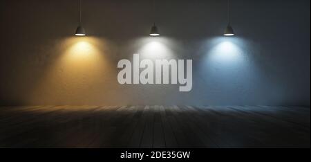 Immagine di rendering 3D di 3 lampade a sospensione che utilizzano lampadine diverse. Scala della temperatura del colore. Bianco freddo, bianco caldo, luce diurna. 3 colori di luce sul c Foto Stock