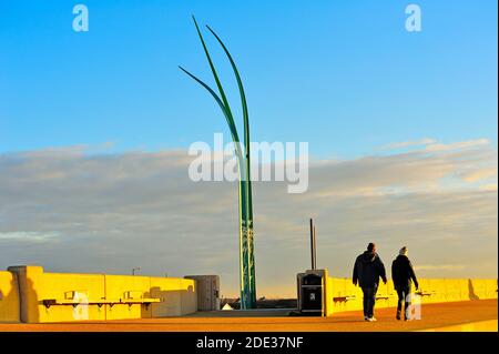 Interpretazione artistica del ragwart sul nuovo muro di mare a Rossall, Fleetwood Foto Stock