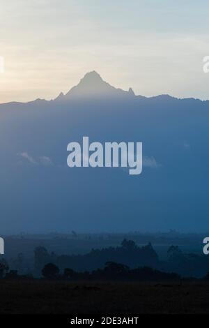Africa, Kenya, Plateau di Laikipia, Distretto di frontiera settentrionale, Conservatorio di OL Pejeta. Monte Kenya alba, montagna più alta in Kenya, 17,057 piedi Foto Stock
