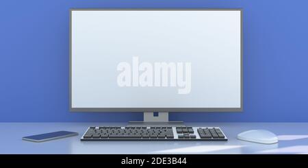 Schermo bianco vuoto sul monitor desktop di un computer, sfondo a parete di colore blu. Business Office Workplace, copy space, template. illustrazione 3d Foto Stock