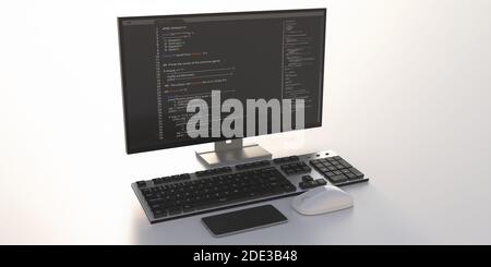 Codice di programmazione, software, sviluppo di tecnologie di codifica concetto. Testo su uno schermo del computer isolato su sfondo bianco. illustrazione 3d Foto Stock