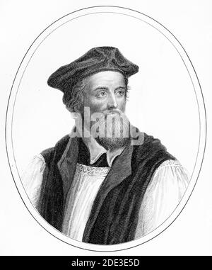 Incisione di Nicholas Ridley (c.. 1500 – 16 ottobre 1555), Vescovo di Londra e martire. Ridley fu bruciato al palo come uno dei martiri di Oxford durante le persecuzioni mariane per i suoi insegnamenti e il suo sostegno a Lady Jane Grey. Illustrazione da 'la storia del Protestantismo' di James Aitken Wylie (1808-1890), pub. 1878 Foto Stock