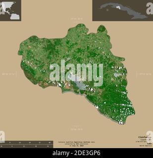 Cienfuegos, provincia di Cuba. Immagini satellitari Sentinel-2. Forma isolata su fondo solido con sovrapposizioni informative. Contiene Copernicus modificato Foto Stock