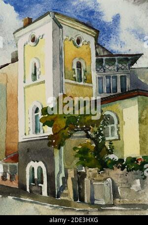 Antico palazzo con una torre e recinzione in pietra a Yalta, Ucraina, pittura acquerello Foto Stock