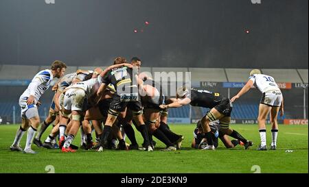 Sam Hidalgo-Clyne di Exeter Chiefs va oltre per segnare una prova durante la partita di premiership Gallagher a Sandy Park, Exeter. Foto Stock