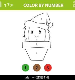 Giochi educativi per bambini. Pagina da colorare con cactus carino. Colore per numeri, attività stampabile Illustrazione Vettoriale