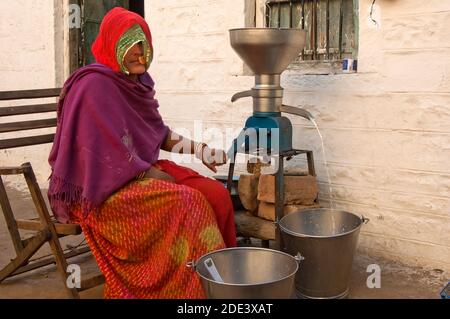 Fare formaggio - donna in un villaggio, India Foto Stock