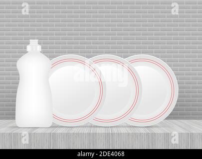 Lavastoviglie, piatti di lavaggio. Liquido per lavastoviglie, piatti. Illustrazione di stock vettoriale. Illustrazione Vettoriale