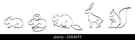 Set di contorni neri di scoiattolo, topo, criceto, lepre, coniglio, cavia, castoro Illustrazione Vettoriale