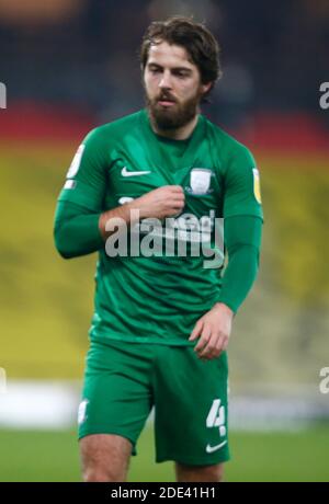 Watford, Regno Unito. 28 Nov 2020. WATFORD, INGHILTERRA - NOVEMBRE 28: Preston North End's ben Pearson durante il campionato tra Watford e Preston North End al Vicarage Road Stadium, Watford, Regno Unito il 28 Novembre 2020 Credit: Action Foto Sport/Alamy Live News Foto Stock