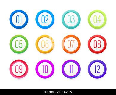 Punti elenco numerati marcatori colorati da 1 a 12. Illustrazione di stock vettoriale. Illustrazione Vettoriale