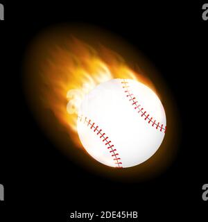 Una palla da baseball fiammeggiante sul fuoco che vola attraverso l'aria. Illustrazione di stock vettoriale. Illustrazione Vettoriale