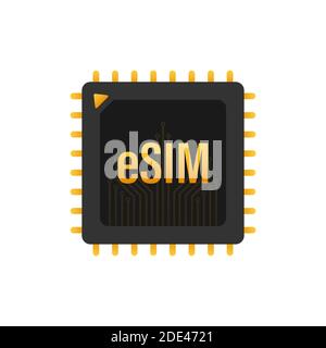 Concetto di icona della scheda SIM integrata eSIM. Nuova tecnologia di comunicazione cellulare mobile chip. Illustrazione di stock vettoriale. Illustrazione Vettoriale