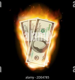 Il dollaro che brucia su uno sfondo nero per il disegno. Illustrazione di stock vettoriale. Illustrazione Vettoriale