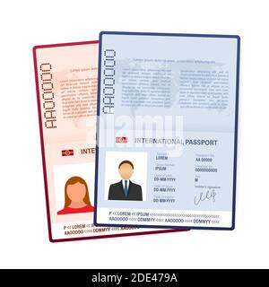 Modello passaporto vuoto aperto. Passaporto internazionale con pagina di dati personali campione. Illustrazione di stock vettoriale. Illustrazione Vettoriale