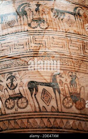 Particolare del krater funerario di terracotta. Greco, Attico, geometrico, ca. 725 a.C. tributato al laboratorio dei Tradoni. Camera della Grecia nel quarto centu Foto Stock