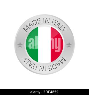 Logo in metallo lucido, made in Italy con bandiera. Illustrazione di stock vettoriale. Illustrazione Vettoriale