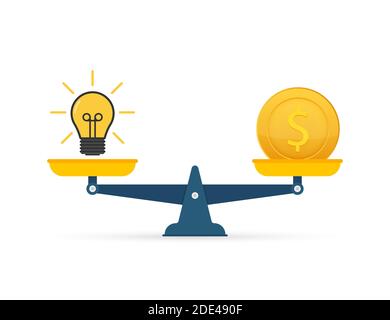Idea lampadina e denaro su bilancia. Illustrazione di stock vettoriale. Illustrazione Vettoriale