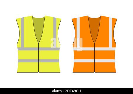 Giacca di sicurezza. Set di uniformi da lavoro gialle e arancioni con strisce riflettenti. Illustrazione di stock vettoriale. Illustrazione Vettoriale